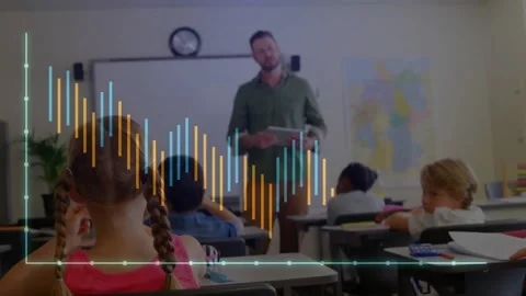 Animation of multiple graphs over diverse teacher teaching students in classroom Stock Footage 330052654