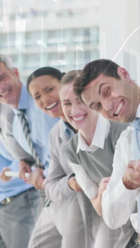 Animation of multiple graphs over diverse coworkers pulling rope and playing tug Stock Footage 344679437