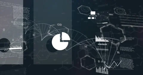 Animation of multiple graphs over dna helix and computer language against black Video stock 234658337