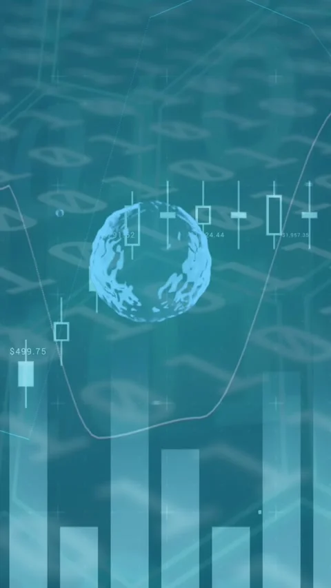 Animation of multiple graphs over globes against binary codes on blue background Stock Footage 321172562