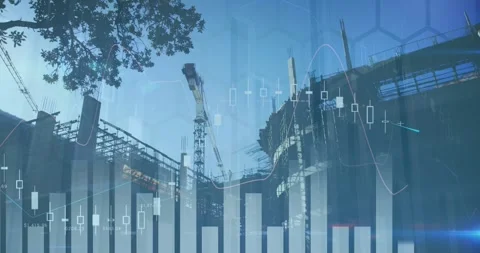 Animation of multiple graphs over low angle view of under construction building Stock Footage 328936792