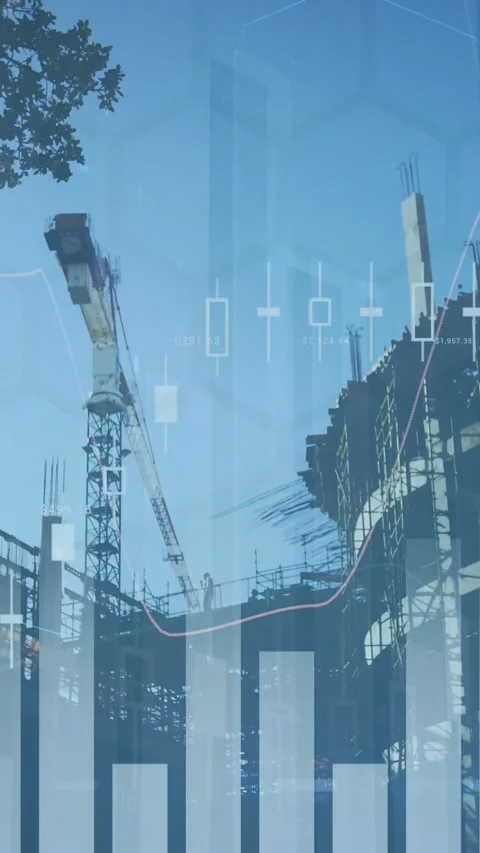 Animation of multiple graphs over low angle view of under construction building Stock Footage 344557695