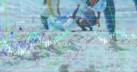 Animation of multiple graphs over multiracial people picking up plastic bottles Stock Footage 327714466