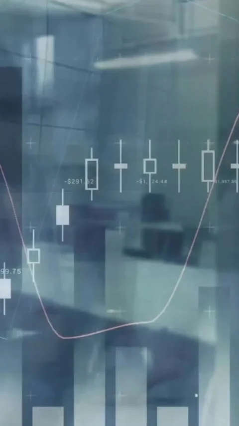 Animation of multiple graphs over time lapse of walking people over empty office Stock Footage 343718825