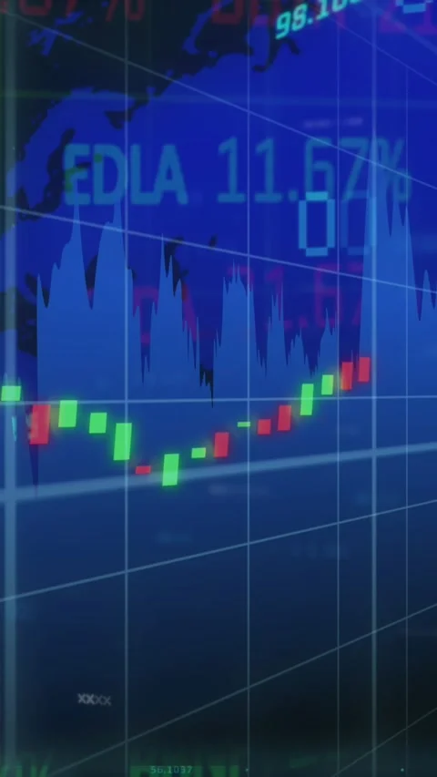 Animation of multiple graphs over trading board against map on black background Stock Footage 344678541