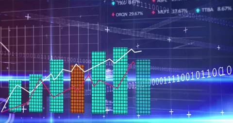 Animation of multiple graphs, trading board, binary codes and computer language 動画素材 257192187