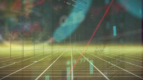 Animation of multiple graphs with trading board moving over grid pattern Stock Footage 328836159