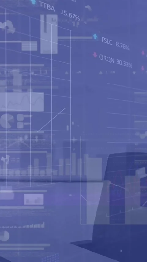 Animation of multiple graphs, trading boards over unoccupied chair and computer Stock Footage 344783712
