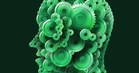 Animation of multiple green cogs forming human head on green background Stock Footage 328164029