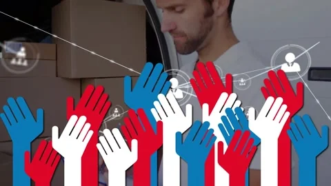 Animation of multiple hands, connected icons, caucasian deliveryman writing on Stock Footage 221007447