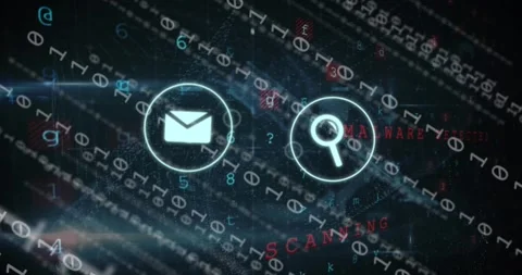 Animation of multiple icon in circles, binary codes, padlock, texts, letters, Stock Footage 250592007