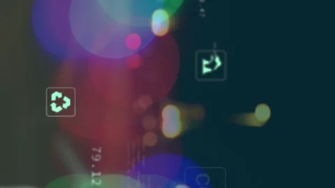 Animation of multiple icons and computer language over blurred vehicles moving Stock Footage 312966238