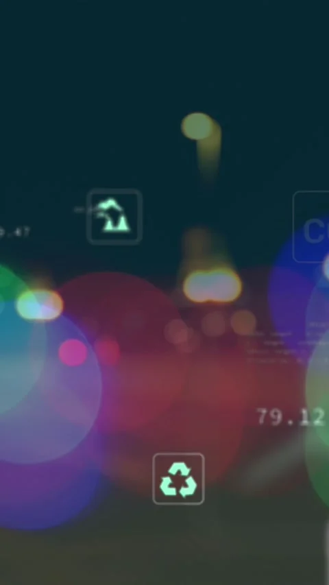 Animation of multiple icons and computer language over blurred vehicles moving Stock Footage 321039561