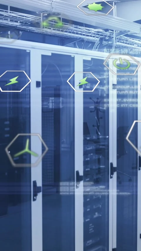 Animation of multiple icons and computer language with lens flares over server Stock Footage 342010721