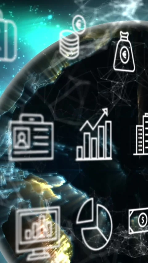 Animation of multiple icons and connected dots around globe against abstract Stock Footage 344679388