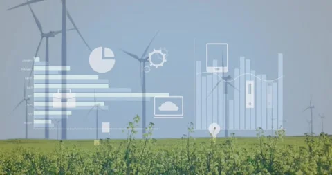 Animation of multiple icons and graphs over windmills on green field against sky Stock Footage 242349858