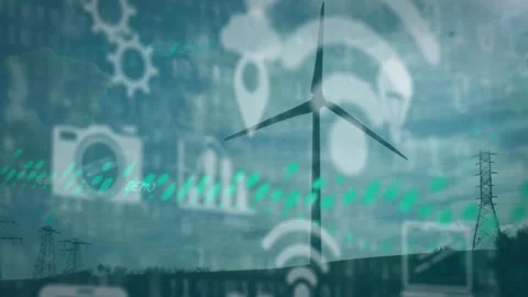 Animation of multiple icons and graphs over windmill and transmission towers Stock Footage 247616380