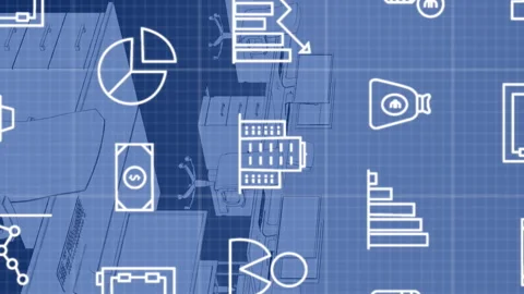 Animation of multiple icons and grid pattern over 3d model of digital workspace Stock Footage 312943648