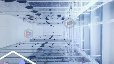 Animation of multiple icons and lens flares over binary codes on data server Stock Footage 312510461