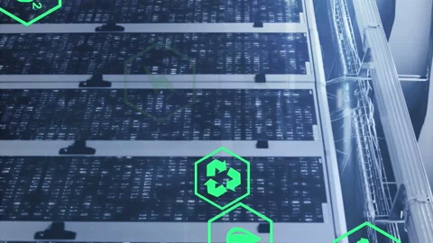 Animation of multiple icons and lens flares over binary codes on data server Stock Footage 313412380