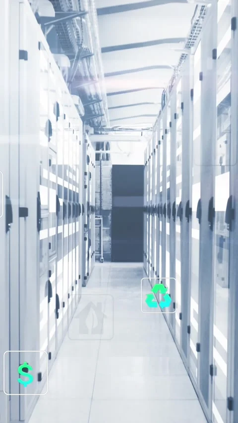 Animation of multiple icons and lens flares over data server racks in server Stock Footage 319975043