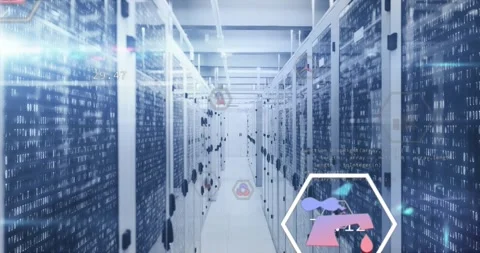 Animation of multiple icons and lens flares over binary codes on data server Stock Footage 326032859