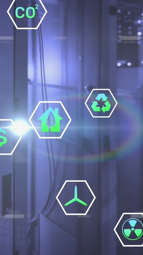 Animation of multiple icons and lens flares over illuminated data server room Stock Footage 342010740