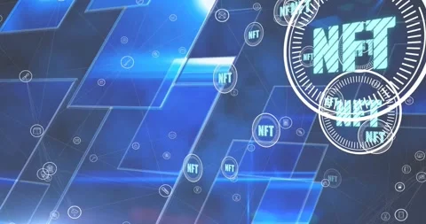 Animation of multiple icons and nft text in loading circles over squares against Stock Footage 328413125
