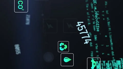 Animation of multiple icons with changing numbers over computer language on Stock Footage 313378210
