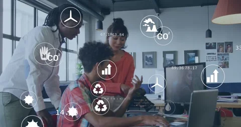 Animation of multiple icons, computer language over diverse coworkers discussing Stock Footage 249679278