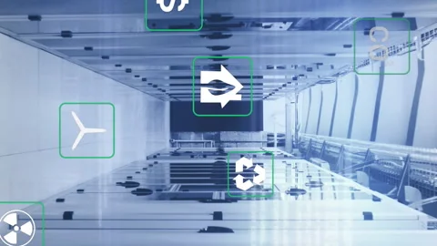 Animation of multiple icons, computer language over corridor of data server room Video stock 312510460