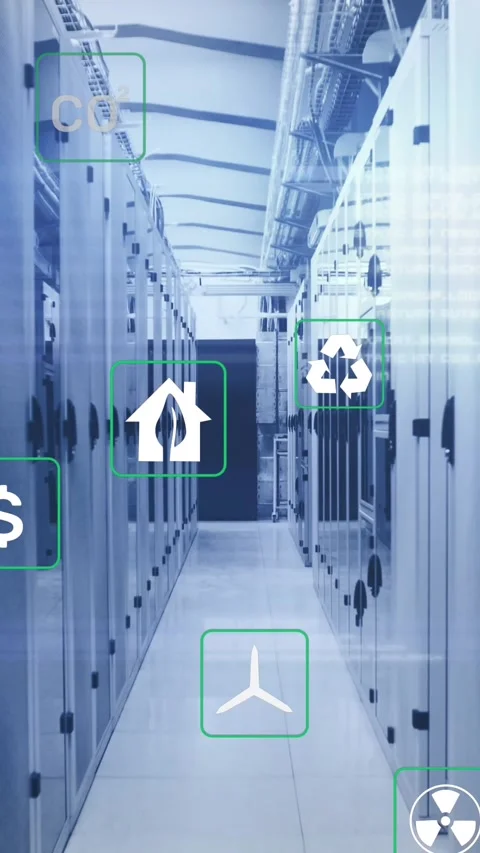 Animation of multiple icons, computer language over corridor of data server room Video stock 319975035