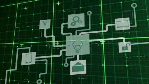 Animation of multiple icons forming flow chart over grid pattern, plus signs on Stock Footage 315734453