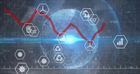 Animation of multiple icons, graphs with numbers, computer language over Stock Footage 329850611