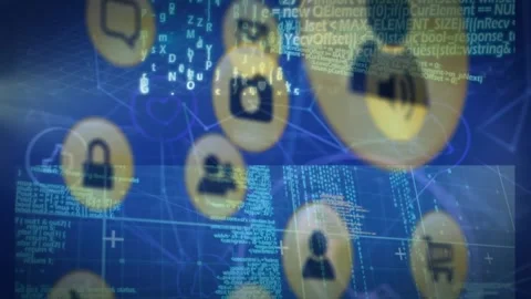 Animation of multiple icons, human eye, globes graphs and computer language over Stock Footage 329127392