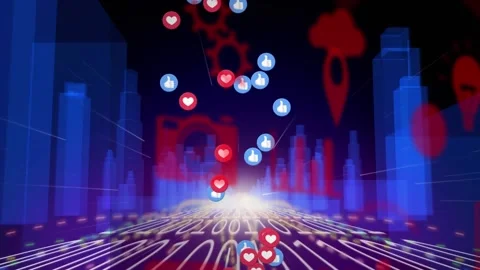 Animation of multiple icons, lens flare and binary codes moving amidst 3d model Stock Footage 327124544