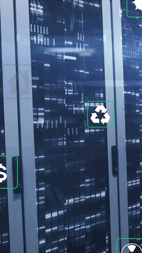 Animation of multiple icons with lens flares over bars on data server racks in Stock Footage 319975041
