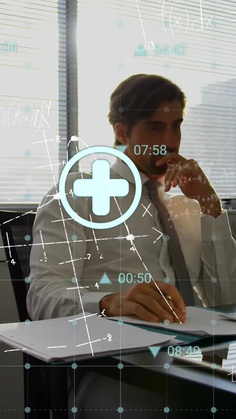 Animation of multiple icons, mathematical equation and diagrams, caucasian man Stock Footage 344766070
