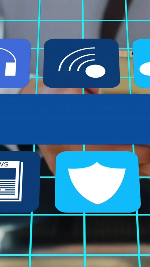 Animation of multiple icons moving on grid over midsection of businessman using Stock Footage 344243933