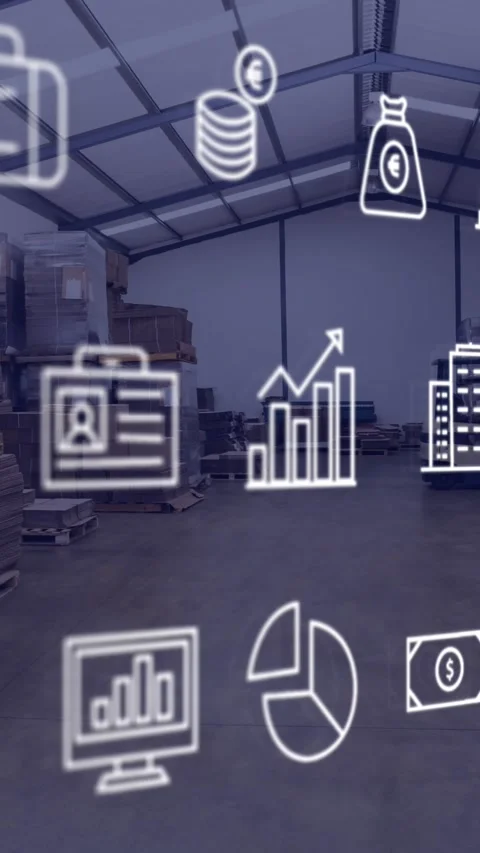 Animation of multiple icons over cardboard boxes in warehouse Stock Footage 344636425