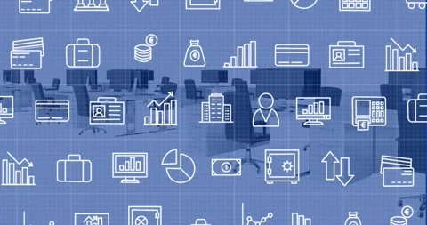 Animation of multiple icons over chairs, computers on desk against white Stock Footage 257174167