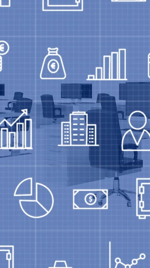 Animation of multiple icons over chairs, computers on desk against white Stockbeeldmateriaal 319134006