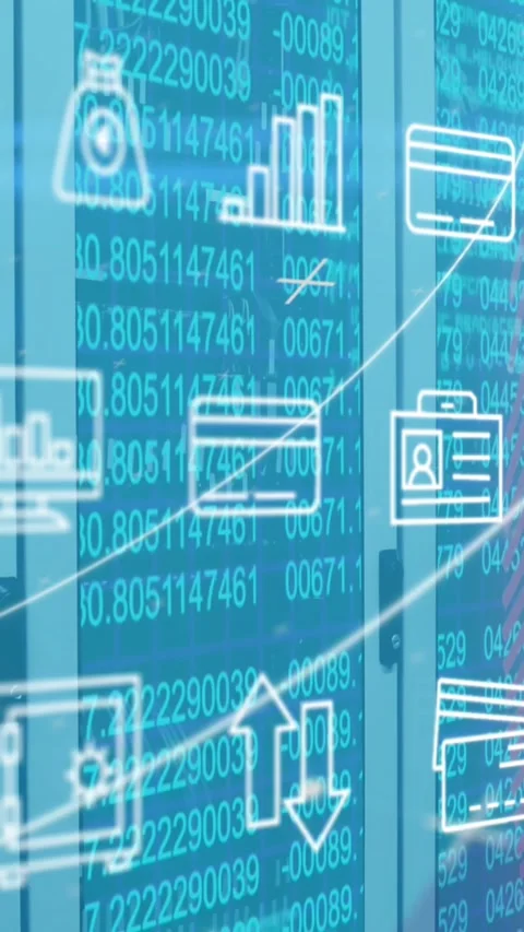 Animation of multiple icons over changing numbers and circles over server racks Stock Footage 343867888