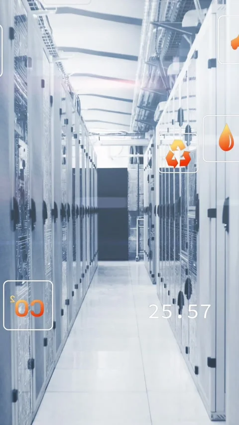 Animation of multiple icons over circuit board pattern on server racks in server 스톡 동영상 319157283