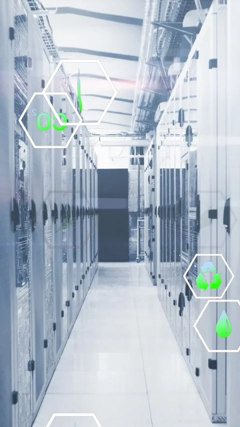 Animation of multiple icons over circuit board pattern on server racks in server Stock Footage 342010350