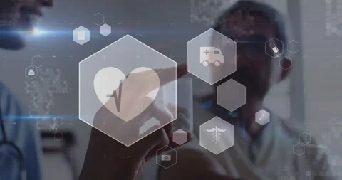 Animation of multiple icons over diverse female doctor explaining about medical Video stock 327592738