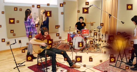 Animation of multiple icons over diverse musical band practicing in studio Stock Footage 329771471