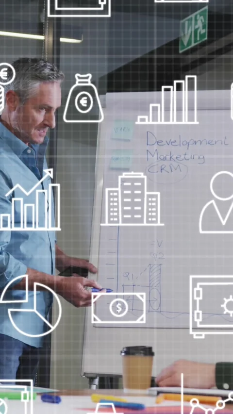 Animation of multiple icons over diverse manager explaining strategy on Stock Footage 344723261