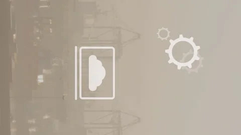 Animation of multiple icons over fog covered modern cityscape against sky Stock Footage 313308656
