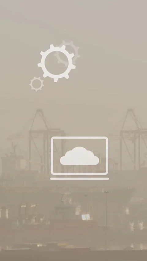 Animation of multiple icons over fog covered modern cityscape against sky Stock Footage 321382018